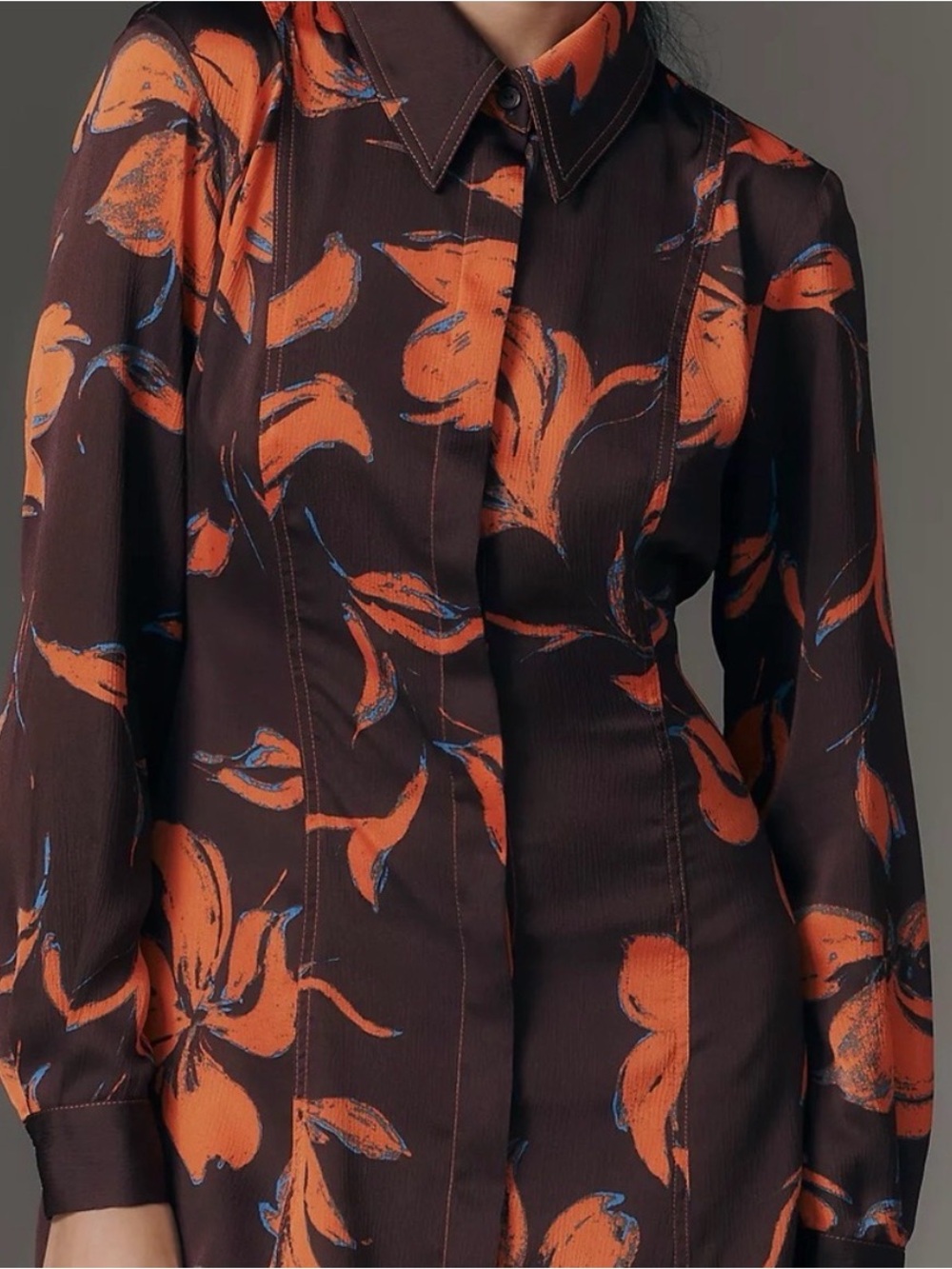 NWT* Anthropologie Maxi Shirt Dress in Dark Brown with Orange Floral Print - Picture 3 of 3